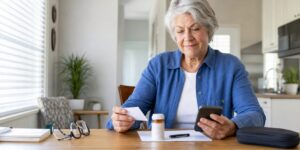 Older woman reviewing an emergency information card and smartphone at home