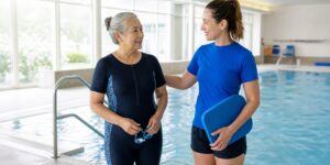 Older swimmer preparing with an instructor beside an accessible pool