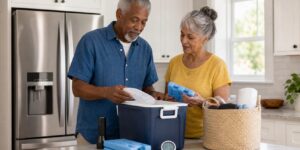Older couple preparing a refrigerator thermometer and cooler before a power outage