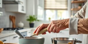 A modern kitchen setting highlighting ergonomic cooking tools for seniors.