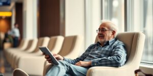 A senior traveler relaxing in an airport lounge with a tablet.