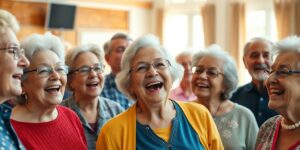 A diverse group of seniors singing together in a community hall.
