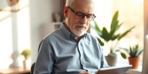 A senior person using a tablet in a well-lit, comfortable home environment.