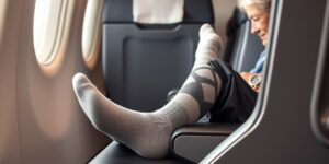An elderly traveler relaxing on a plane wearing comfortable compression socks.