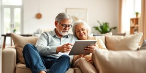 A senior couple using a tablet to navigate digital healthcare services in a bright, modern living room.