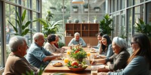 A diverse group of seniors and young adults interacting in a modern, welcoming community center.
