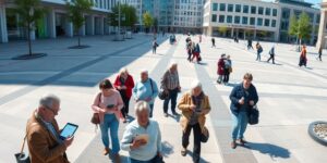 A modern city square designed for accessibility with seniors using digital devices.