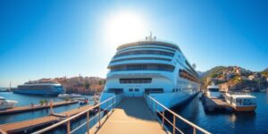 A scenic view of a cruise ship docked at a port with accessible infrastructure.