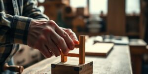 An elderly person crafting a miniature wooden chair in a sunlit workshop.