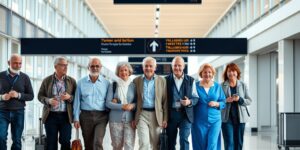 A group of seniors walking through a modern, accessible airport terminal with a guide.