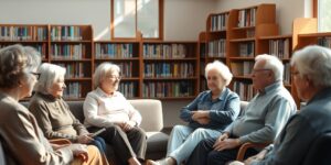 A diverse group of seniors sharing stories in a bright, welcoming community room.