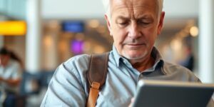An older adult using a digital tablet in a travel setting.