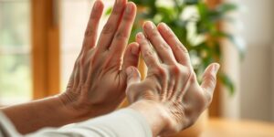 Close-up of senior hands performing gentle stretching exercises in a sunlit room.