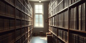 A quiet, organized historical archive room with wooden shelves and soft lighting.