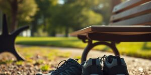 Supportive walking shoes on a park bench