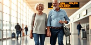 A senior couple walking through an airport terminal without heavy luggage, looking relaxed and happy.