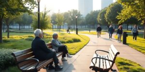 Modern urban park with accessible seating for seniors under soft morning sunlight.