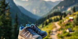 A pair of comfortable walking shoes on a bench with a mountain view.