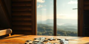 A peaceful scene of a jigsaw puzzle in progress on a sunlit wooden table.