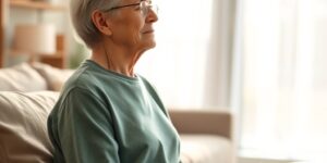 A senior person sitting peacefully in a sunlit room focusing on breathing.
