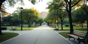 A peaceful urban park landscape featuring wide, flat paths and comfortable seating, ideal for senior travelers.