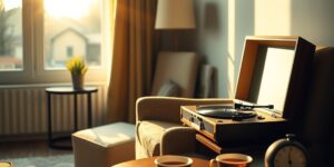 A cozy, sunlit living room featuring a record player and a comfortable chair, representing the perfect environment for listening to classical music.
