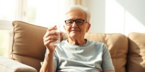 A serene senior enjoying a glass of water in a sunlit room.