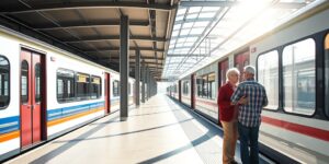 A modern, accessible train station platform with a senior couple preparing to board a train.