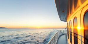 A scenic view of a ferry ship at sunset.