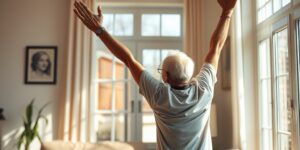 An elderly person practicing gentle stretching in a sunlit room.