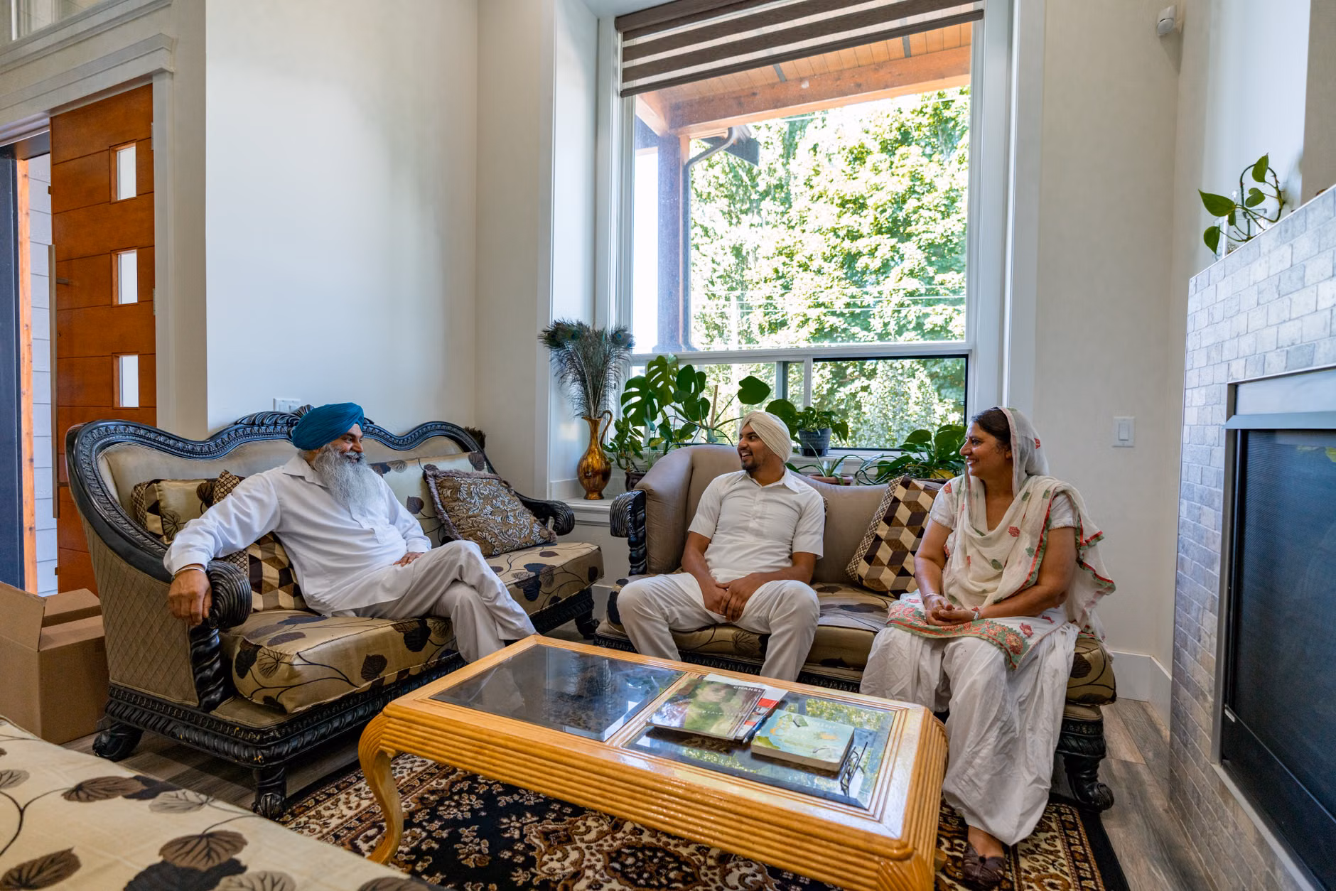 A bright, universally designed living room space for shared interaction.