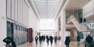 A bright, modern museum lobby designed for accessibility.
