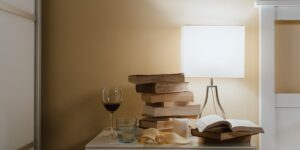 A peaceful bedroom scene with healthy snacks on a nightstand, symbolizing a restful evening routine for seniors.
