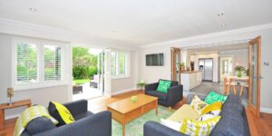 A bright, airy, and cool living room designed for heatwave safety.