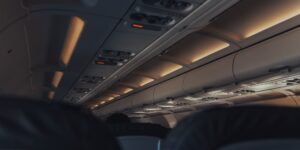 A peaceful, comfortable airplane cabin interior designed for a relaxing long-haul journey.