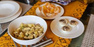 A healthy, colorful spread of nutritious food on a kitchen counter, representing senior wellness.