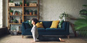 A peaceful living room setting conducive to gentle exercise for seniors.