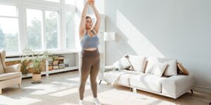 A peaceful, sunlit living room setting prepared for daily wellness exercises.