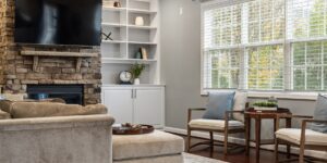 A safe, well-lit, and accessible senior-friendly living room.