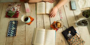 A welcoming community space with books and tea, perfect for a poetry reading group.