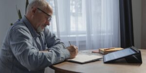 A senior person taking a visual break from a digital device in a sunlit room.