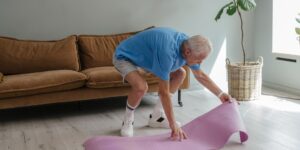 A peaceful, well-lit living room setup for senior exercise.