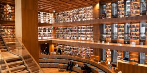A modern, accessible library interior designed for seniors.
