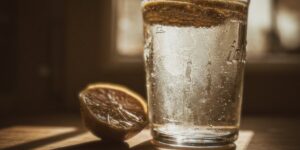 A glass of water on a sunlit table representing healthy hydration.