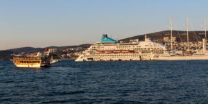 A scenic view of a cruise ship in a port.