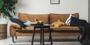 A peaceful living room setting designed for relaxation and daily health routines.