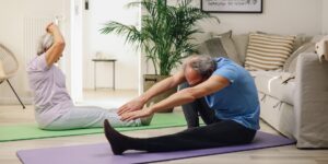 A peaceful living room setting prepared for gentle senior exercise.