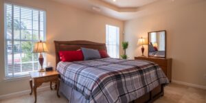 A peaceful, well-lit bedroom setting representing healthy sleep habits.