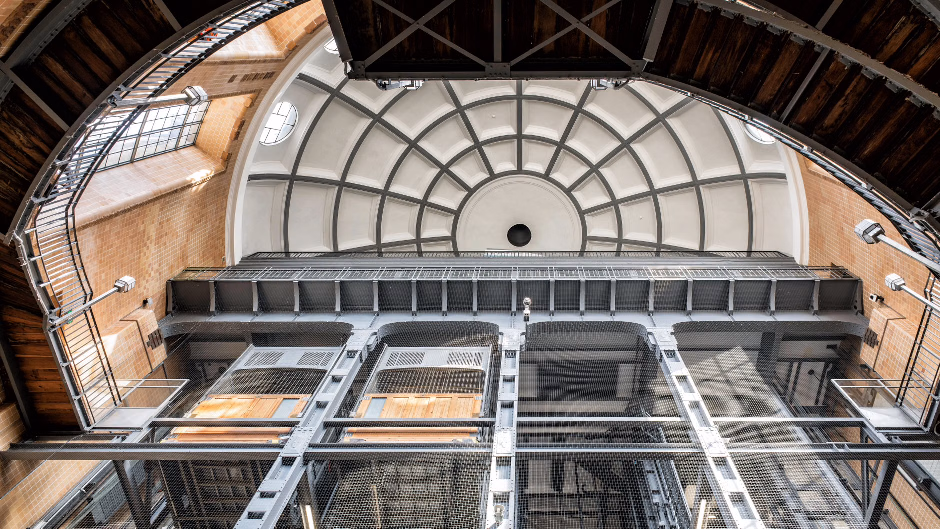 A modern elevator installation in a historic European site designed for accessibility.