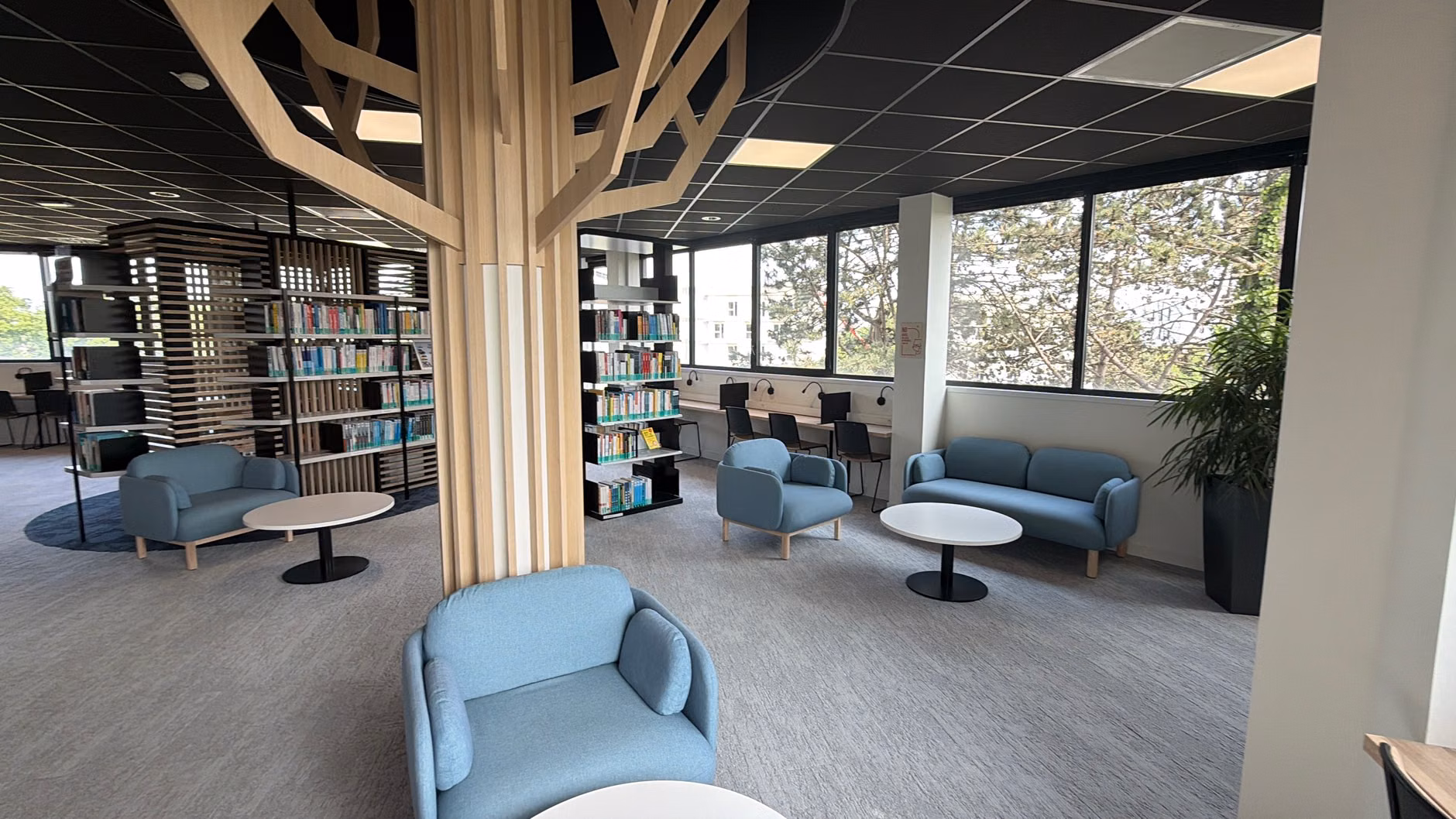 A cozy and accessible reading lounge with ergonomic seating and ample light.